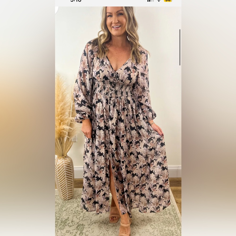 In Bloom Black and Cream Floral Long Sleeve Dress